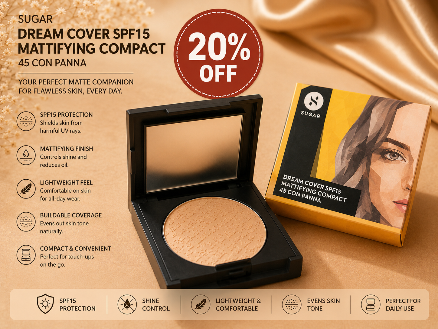 Sugar Dream Cover SPF15 Mattifying Compact – 45 Con Panna 20% off