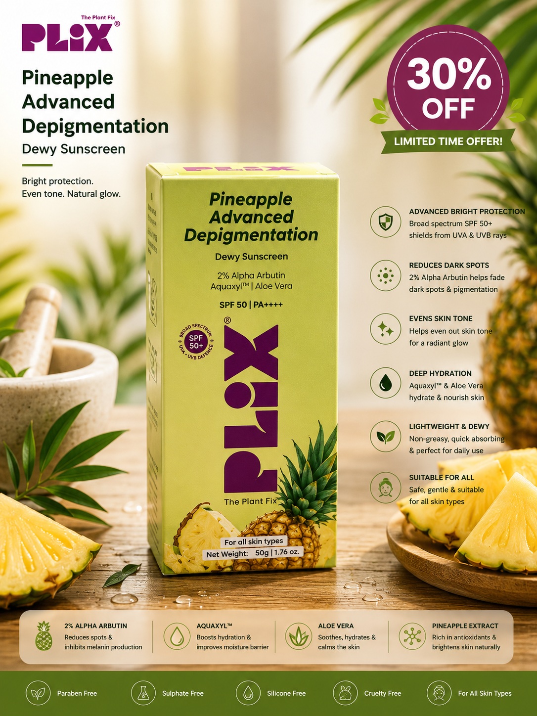 PLIX Pineapple Advanced Depigmentation Dewy Sunscreen SPF 50 PA++++ 30% off