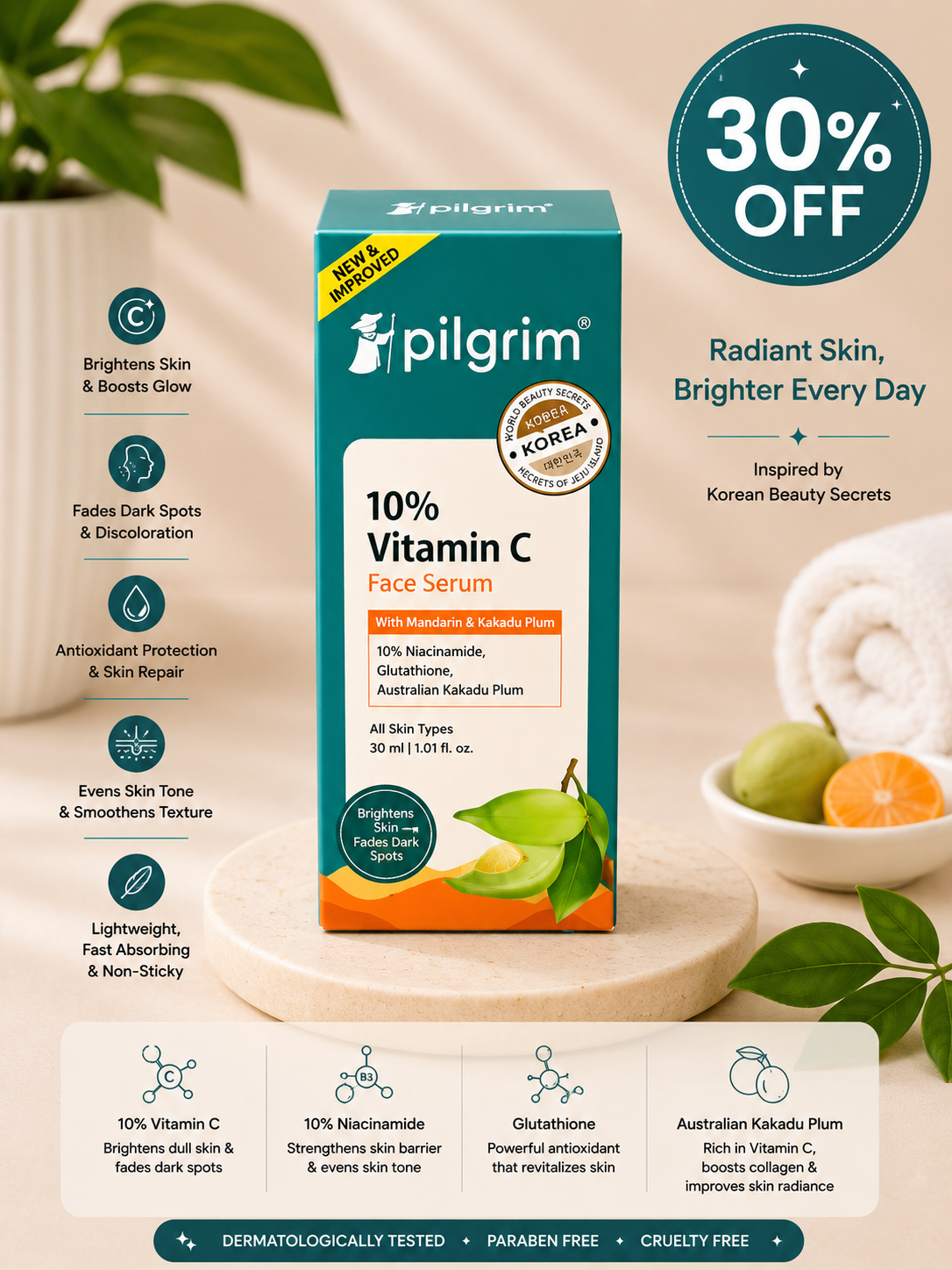 Pilgrim 10% Vitamin C Face Serum with Niacinamide, Glutathione & Kakadu Plum (30ml) 30% off