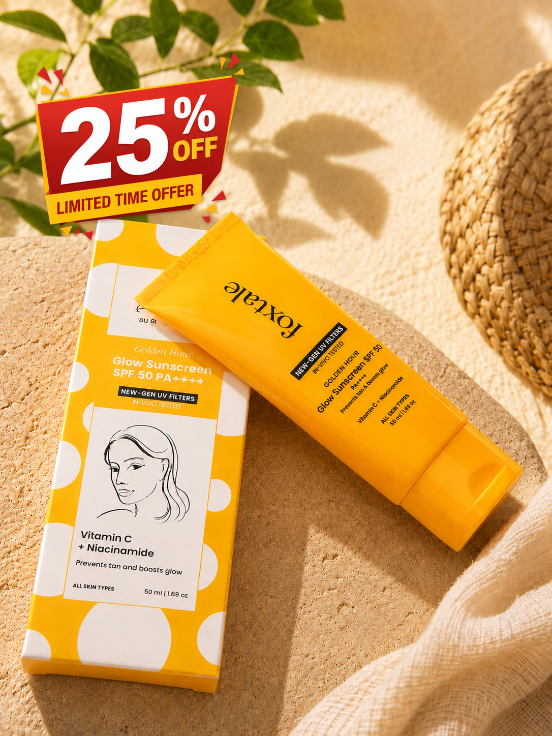 Foxtale Golden hour  glow sunscreen vitamin c + niacinamide 50ml