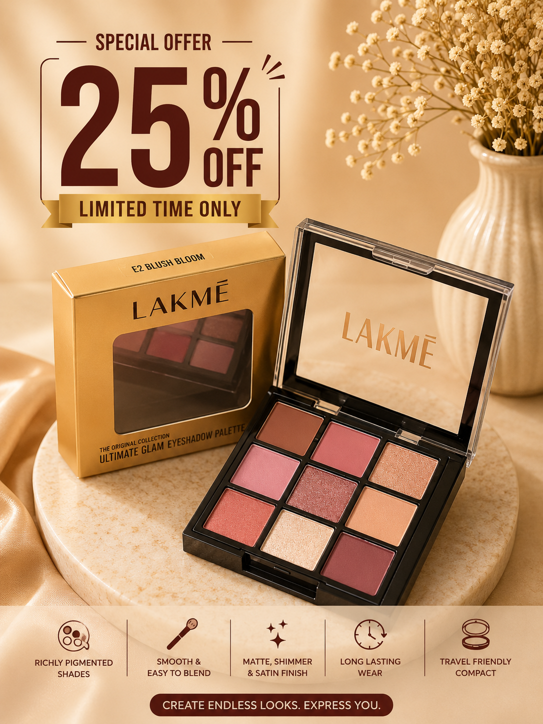 Lakmé Ultimate Glam Eyeshadow Palette – E2 Blush Bloom 25% off