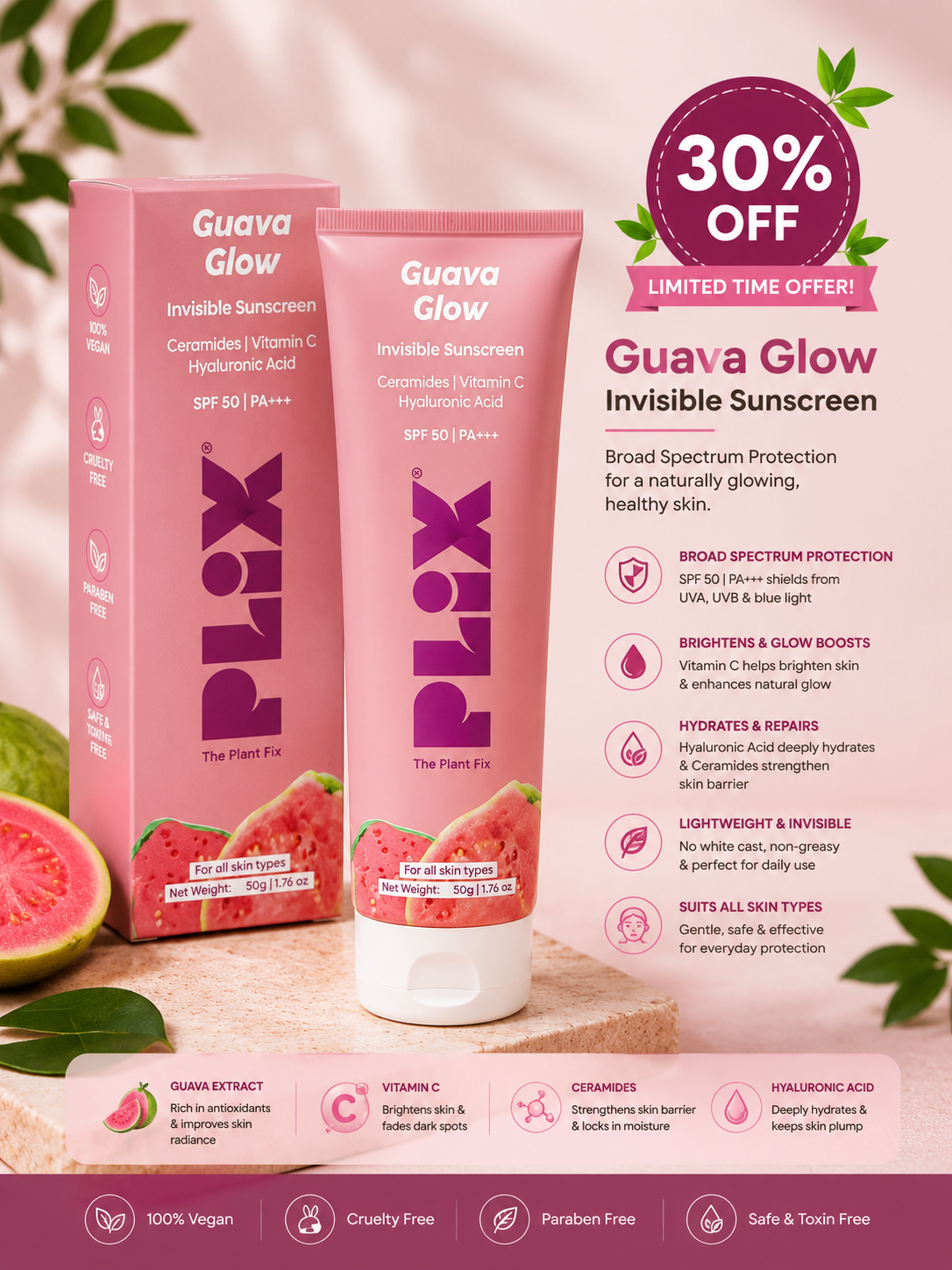 PLiX Guava Glow Invisible Sunscreen SPF 50 PA+++ – 50g 30% off