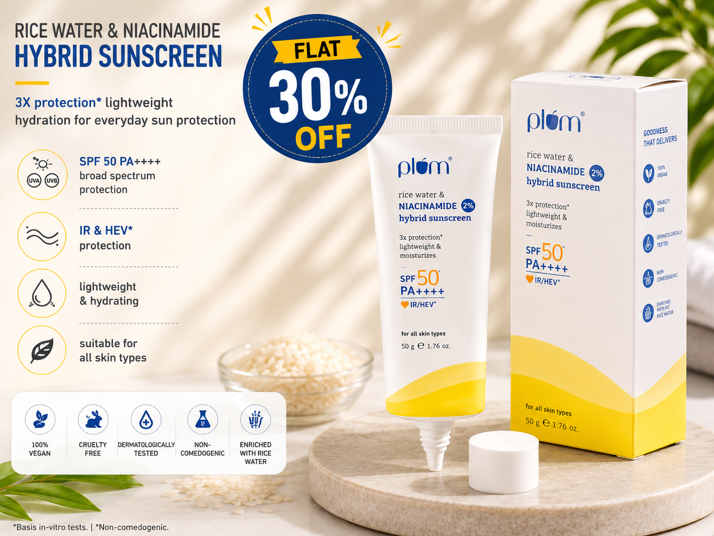 Plum Rice Water & 2% Niacinamide Hybrid Sunscreen SPF 50 PA++++ (50g) 30% off