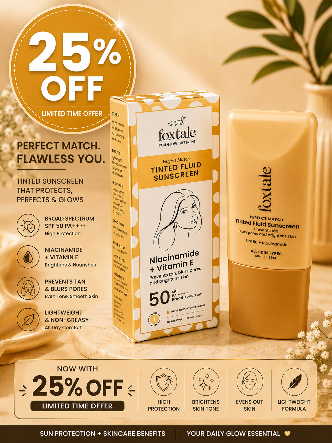 Foxtale tinted fluid sunscream niacinamide + vitamin E