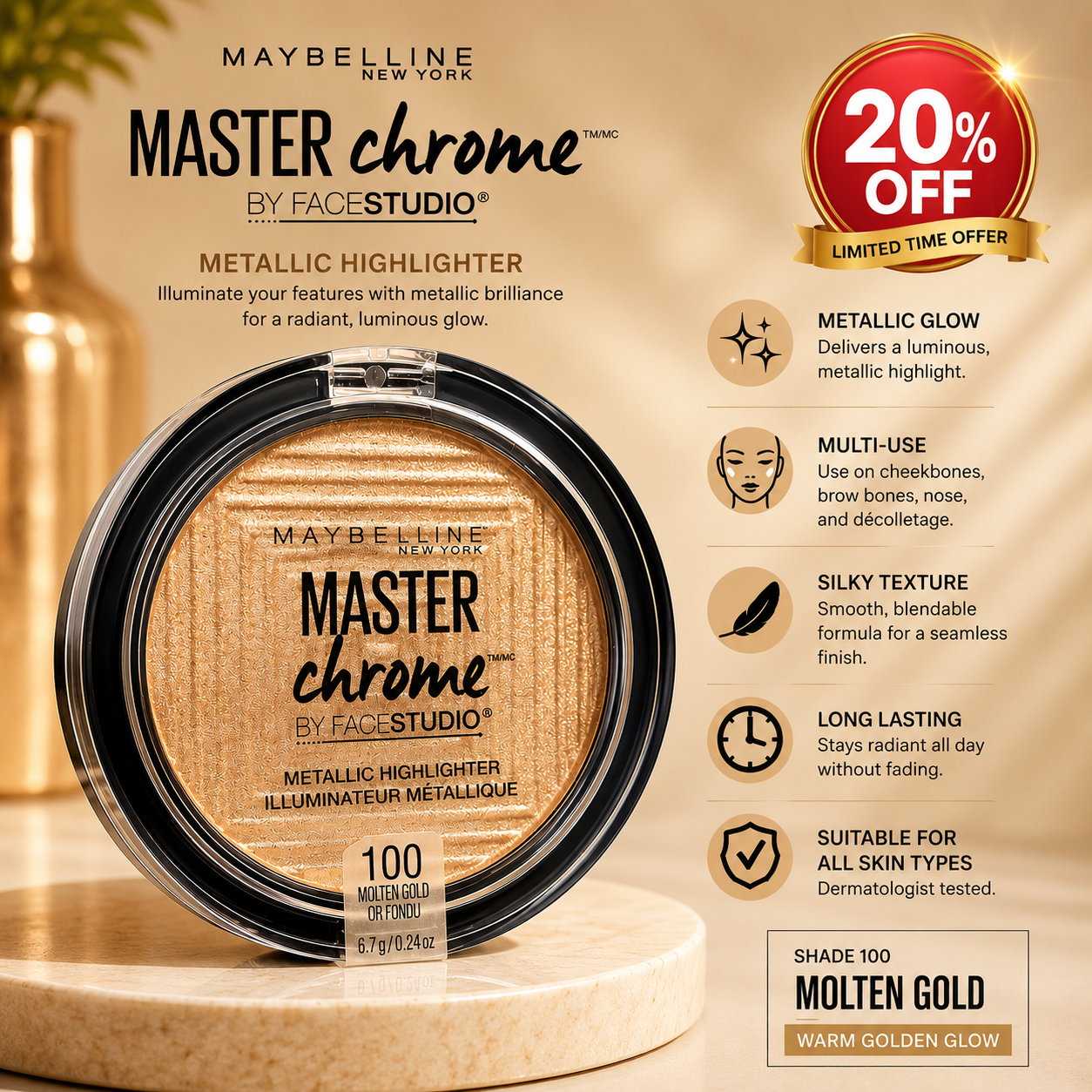 Maybelline Master Chrome Metallic Highlighter – Shade 100 Molten Gold
