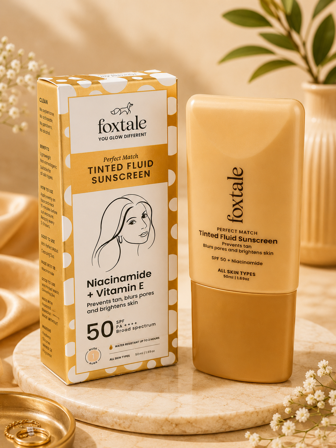 Foxtale tinted fluid sunscream niacinamide + vitamin E