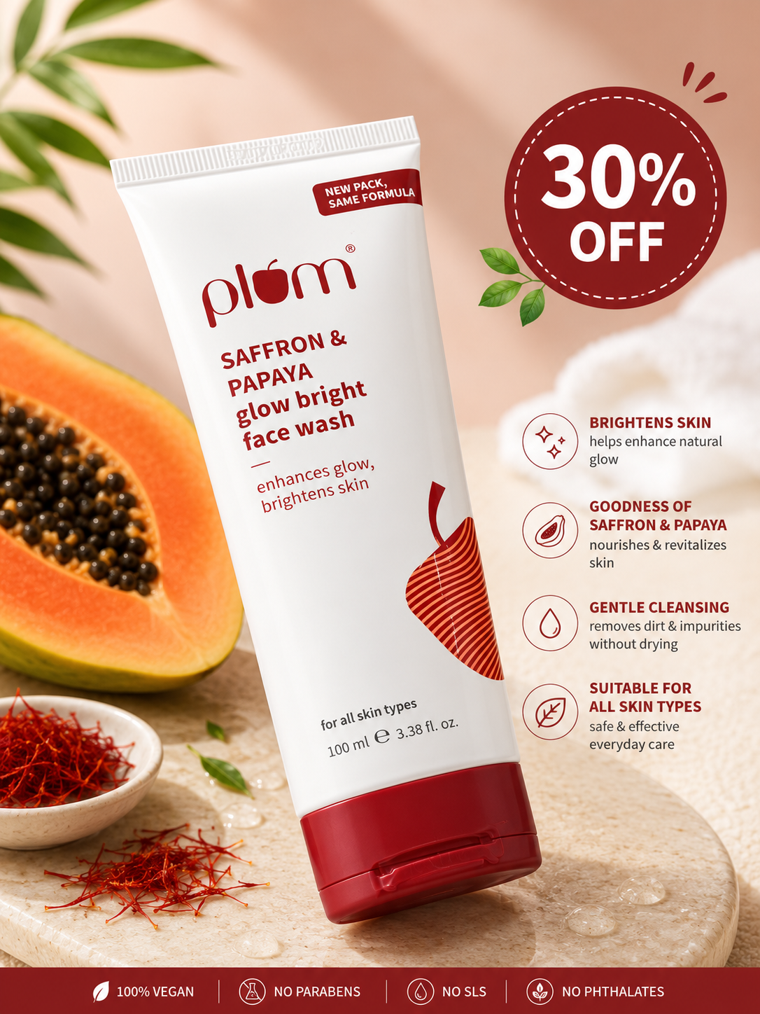 Plum Saffron & Papaya Glow Bright Face Wash – 100ml 30% off